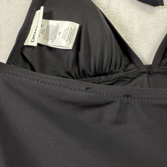 DKNY One Piece Swimsuit Women's 10 Black Scrunch Slim Sides V Neck Tie Halter - Picture 7 of 11
